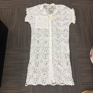 DX Collection White Lace Eyelet Bridal Swim Coverup Dress Collared Button Up